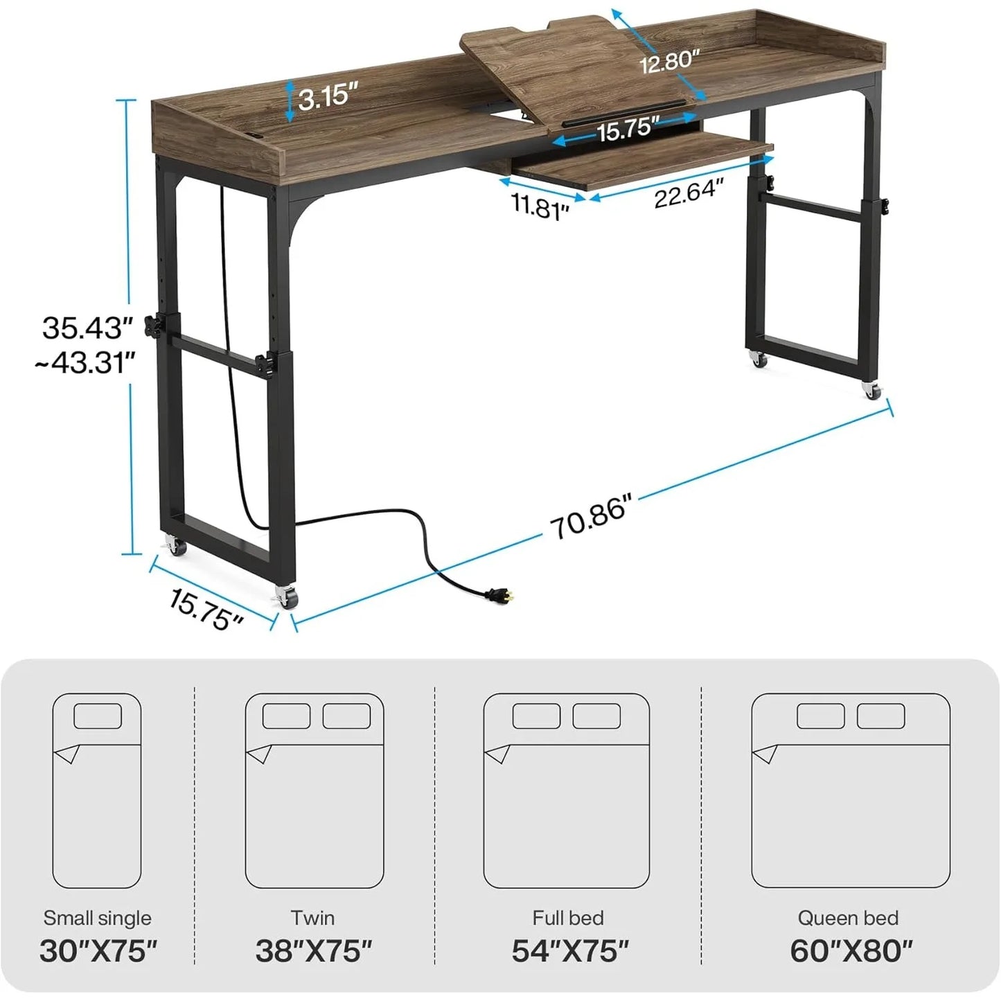 Overbed Table with Wheels and Height Adjustable