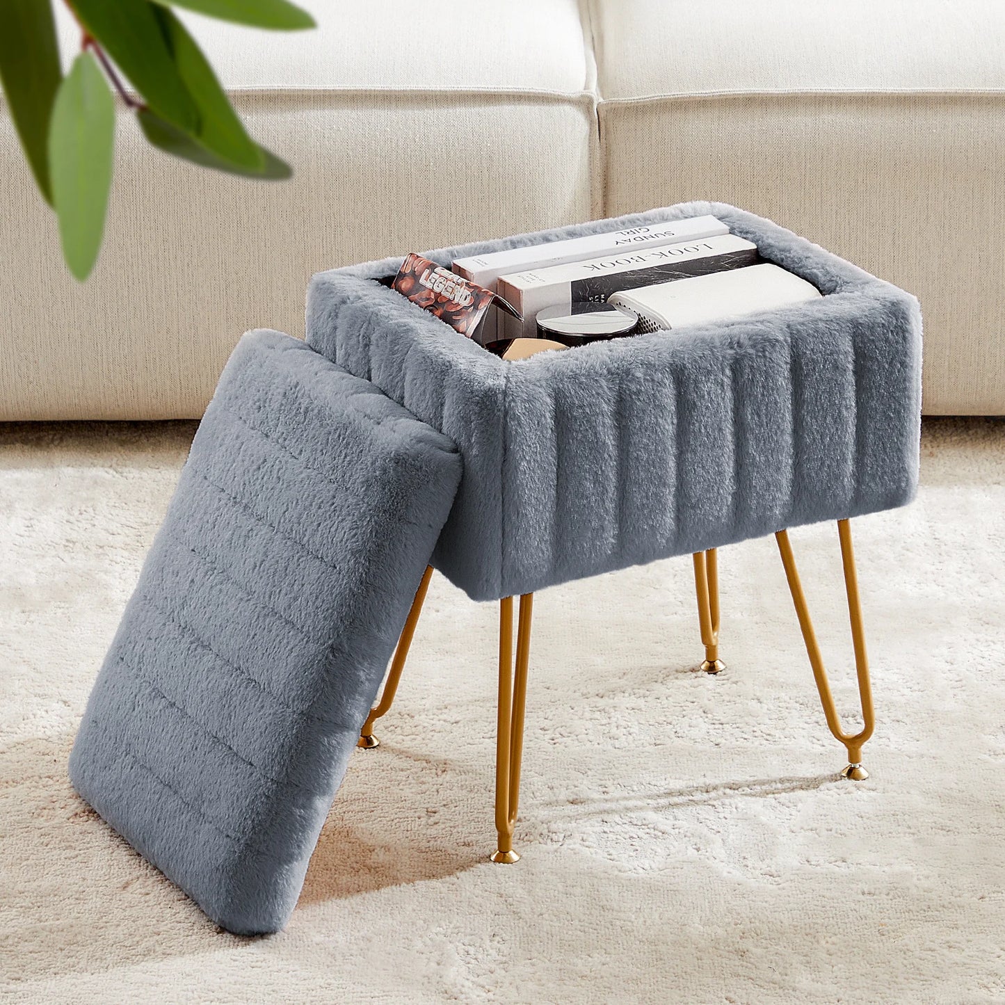 Faux Fur Hidden Storage Stool or Ottoman