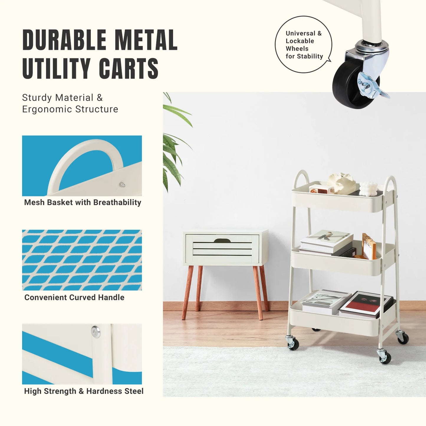 3 Tier Metal  Cart with Lockable Wheels