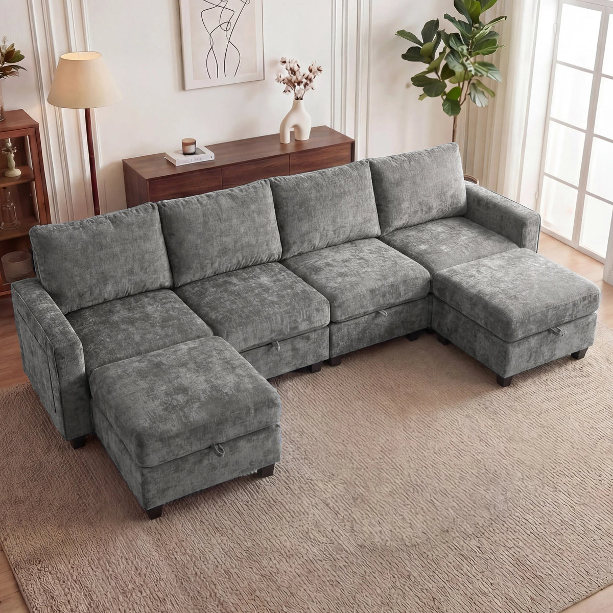 Sectional Sofa Set with 2 Ottomans