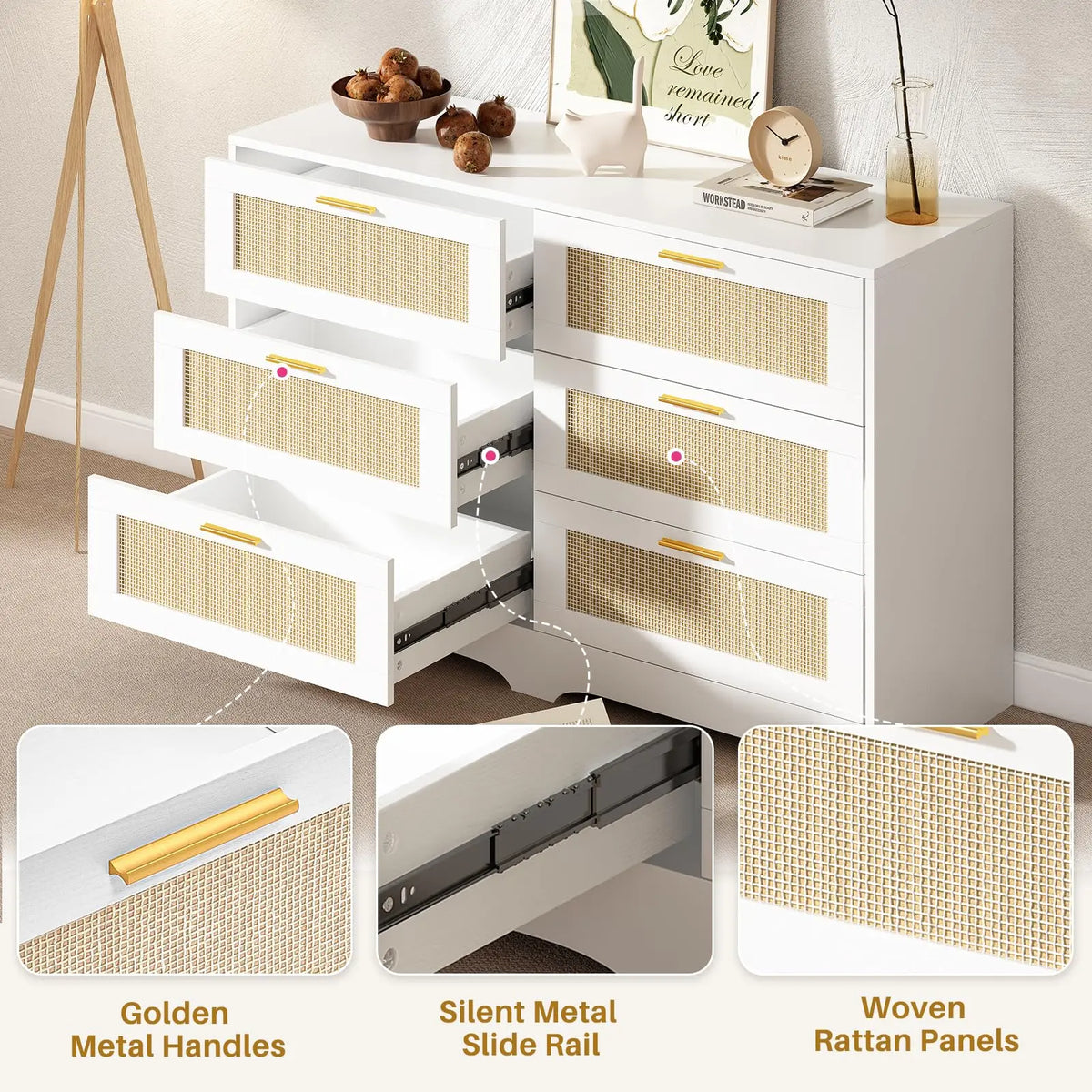 6 Drawer Rattan Dresser with Golden Handles