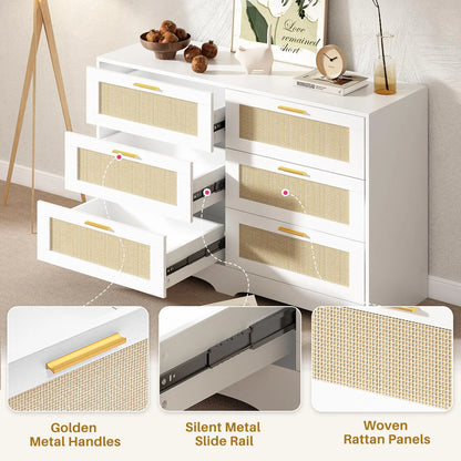 6 Drawer Rattan Dresser with Golden Handles