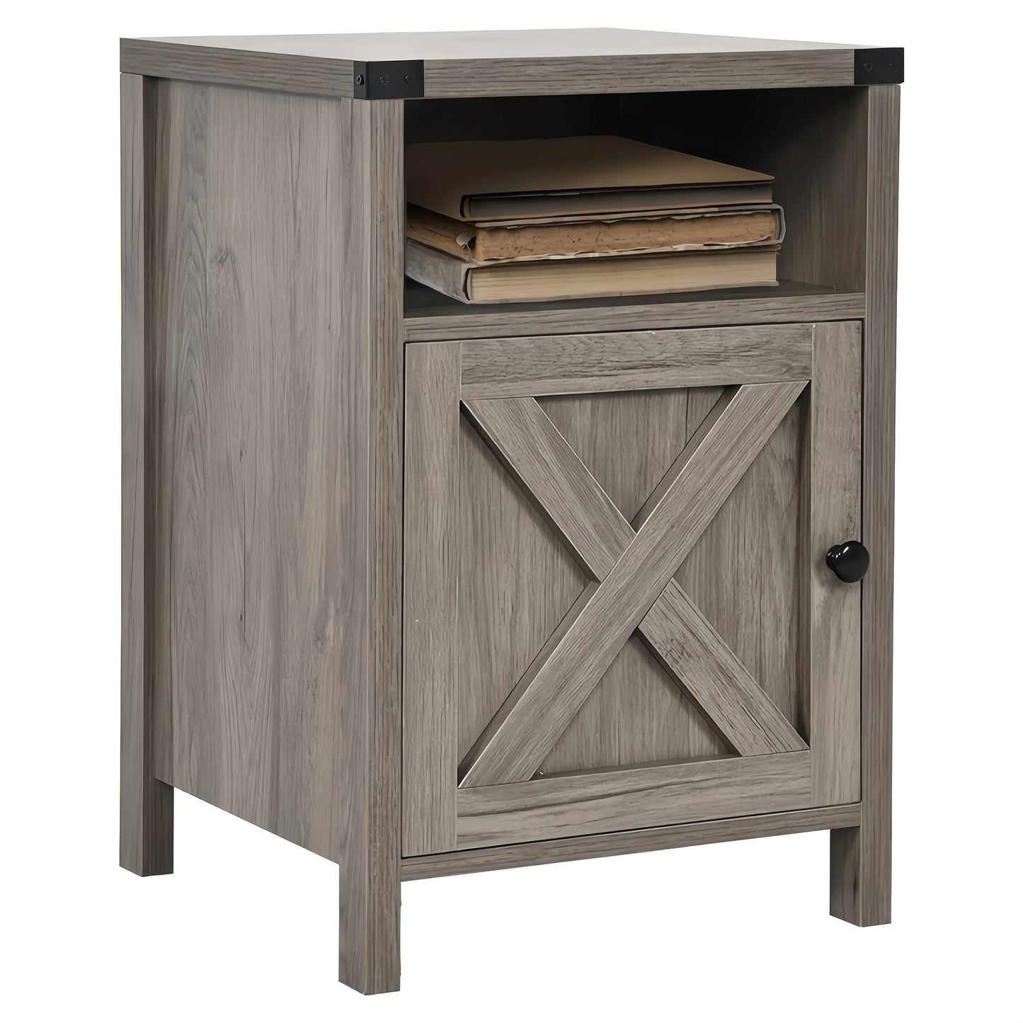 1pc Farmhouse Nightstand, End Table with Barn Door