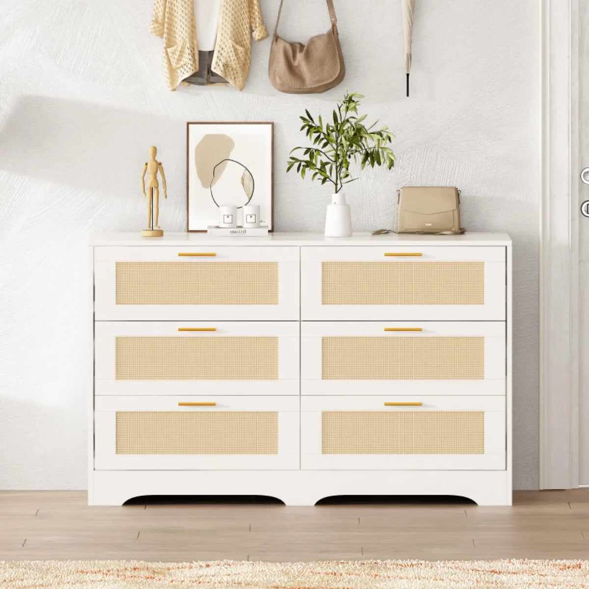 6 Drawer Rattan Dresser with Golden Handles