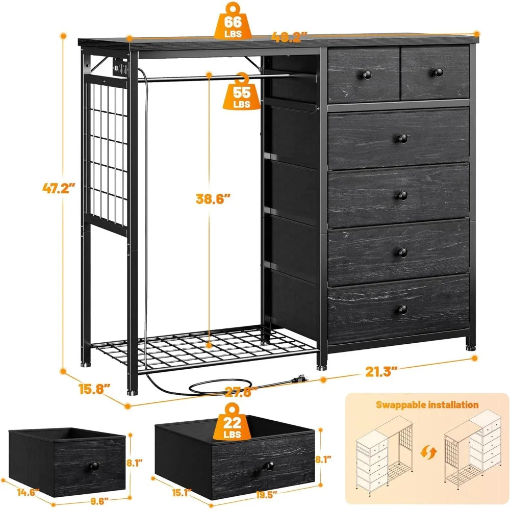 Bedroom Dresser with Hanging Rack