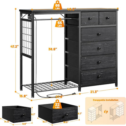 Bedroom Dresser with Hanging Rack