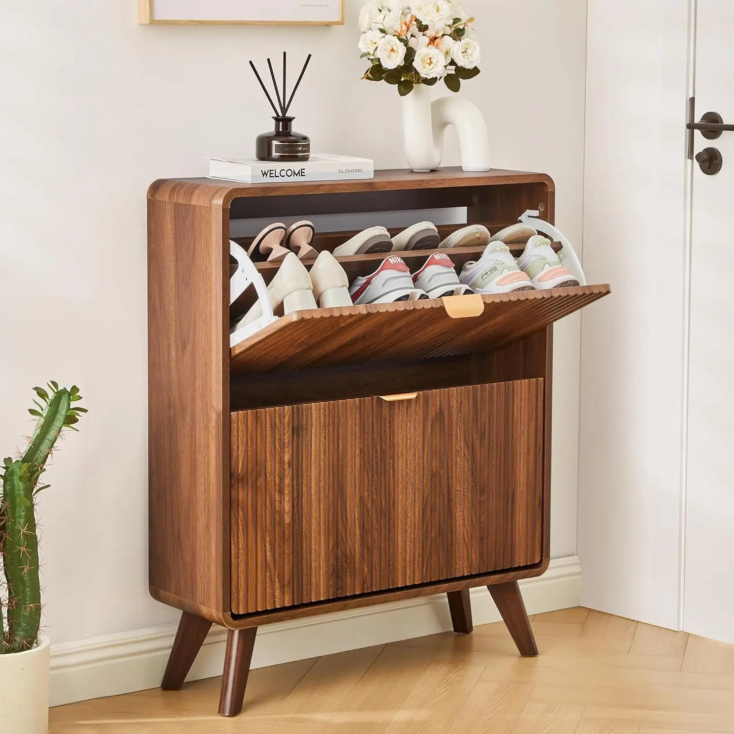 Fluted Narrow Shoe Cabinet 2 Flip Drawers