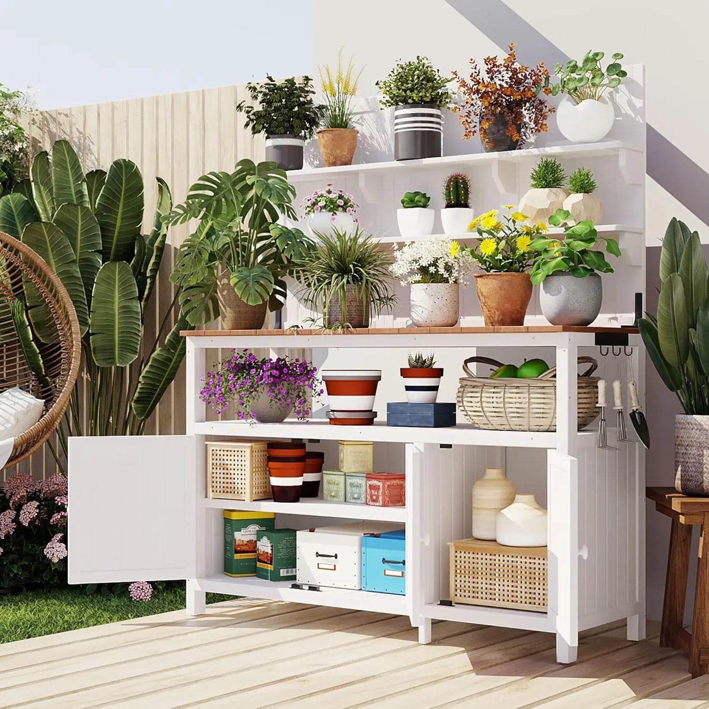 Solid Fir Wood Potting Bench with Hutch