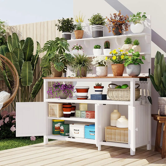 Solid Fir Wood Potting Bench with Hutch