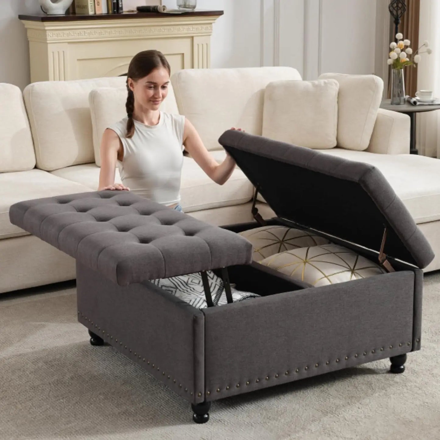 Tufted Large Square Storage Ottoman Bench