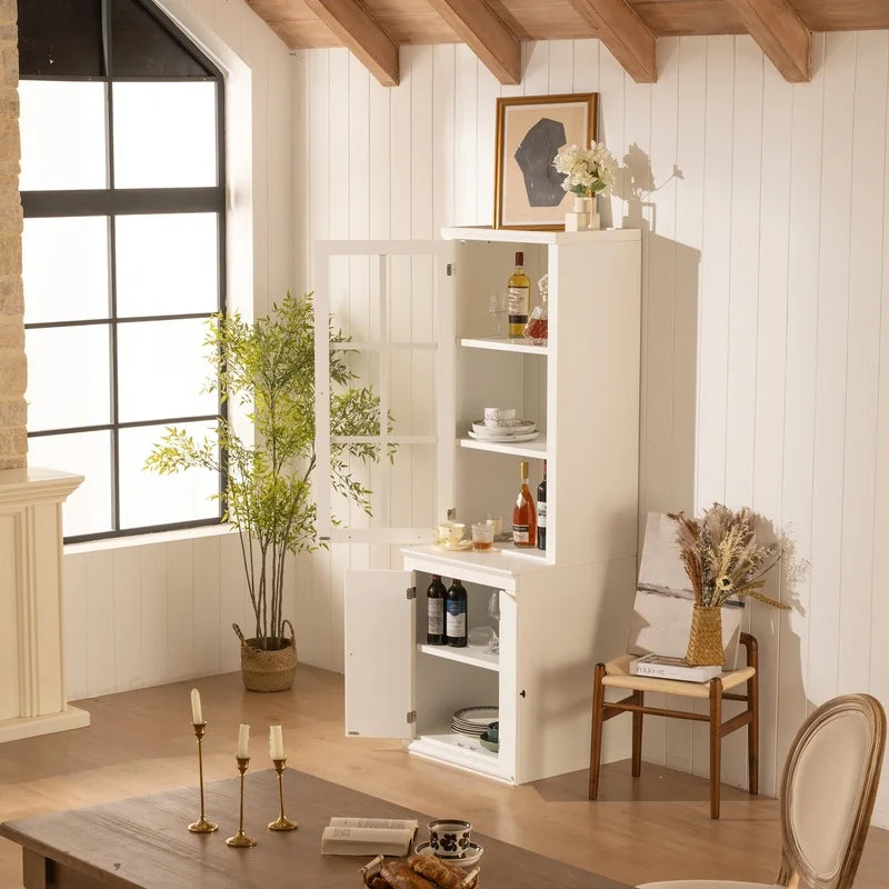 White Farmhouse Pantry Cabinet with Glass Door