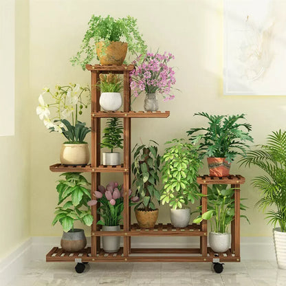 Multi-Layer Wood Plant Stand with Wheels