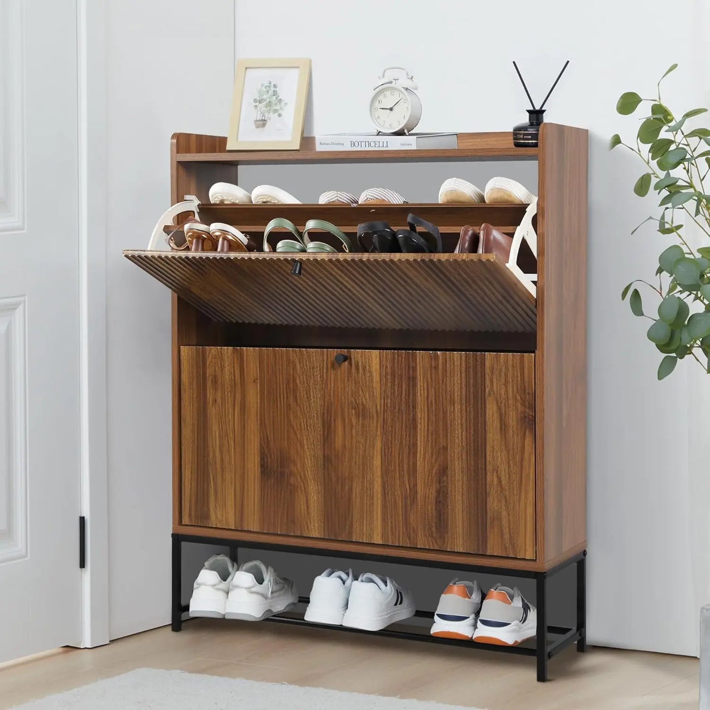 Fluted Narrow Shoe Cabinet 2 Flip Drawers