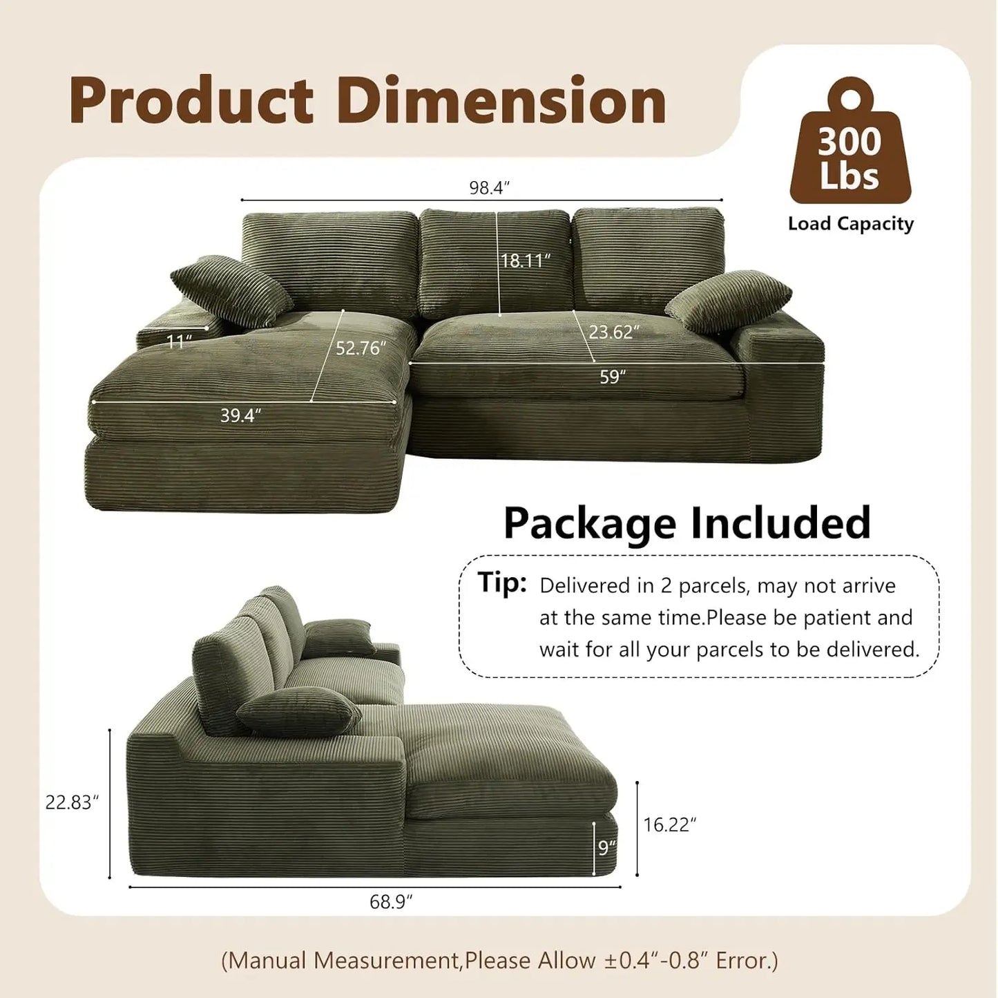 Modular Sectional Corduroy L-Shaped Sofa with Chaise