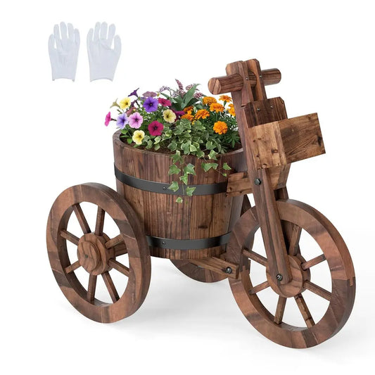 Rustic Wooden Bike Planter with Wheels