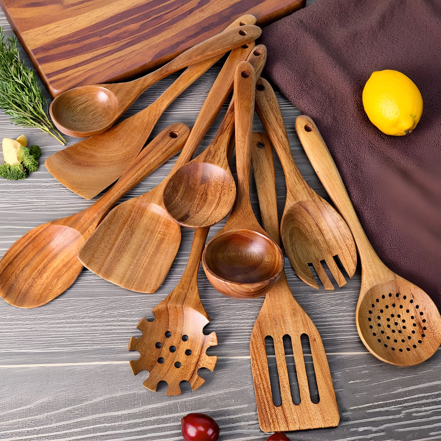 10pcs Wooden Kitchen Utensil Set For Cooking