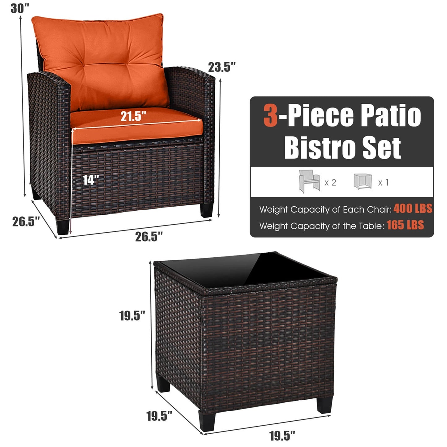 3 PCS Patio Rattan Cushioned Furniture Set