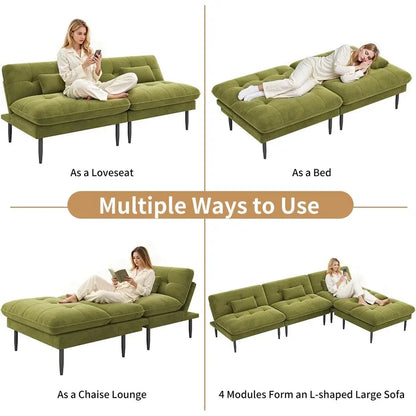 Velvet Sleeper Sofa with Adjustable Backrest