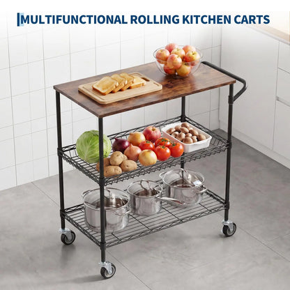 3-Tier Rolling Kitchen Cart  With Wood Top