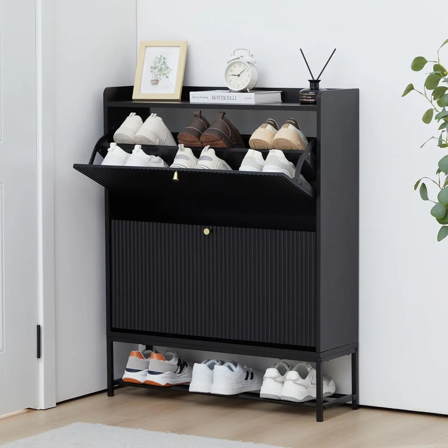 Fluted Narrow Shoe Cabinet 2 Flip Drawers