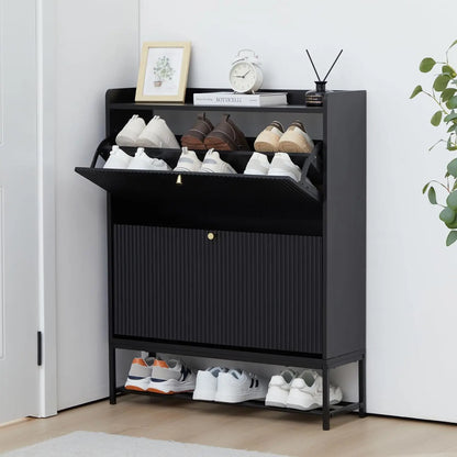 Fluted Narrow Shoe Cabinet 2 Flip Drawers