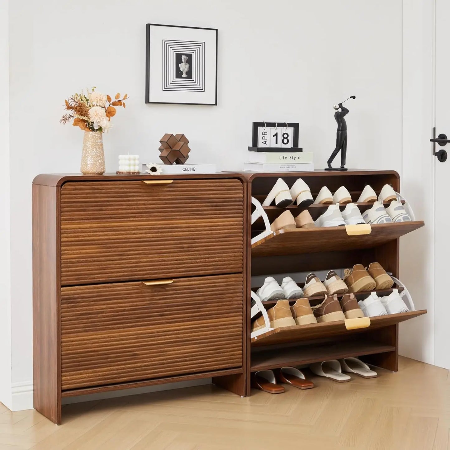 Fluted Narrow Shoe Cabinet 2 Flip Drawers