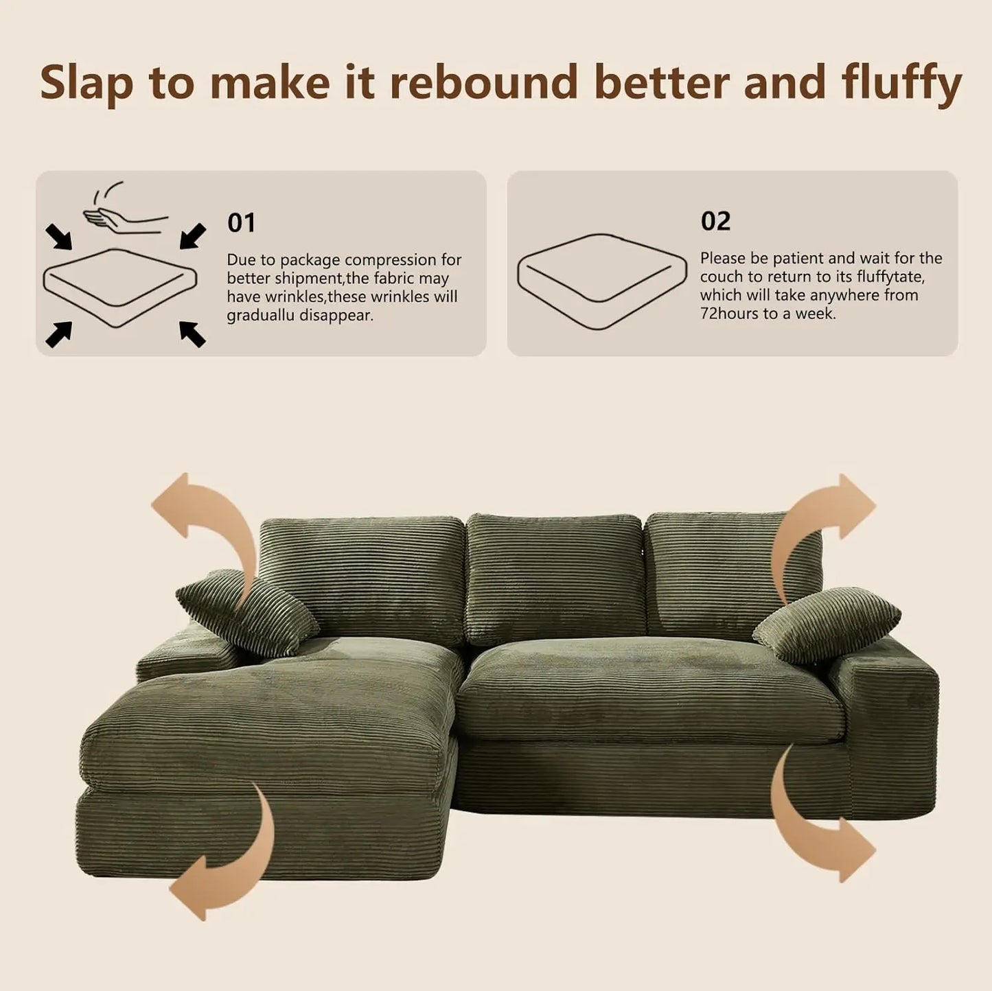 Modular Sectional Corduroy L-Shaped Sofa with Chaise
