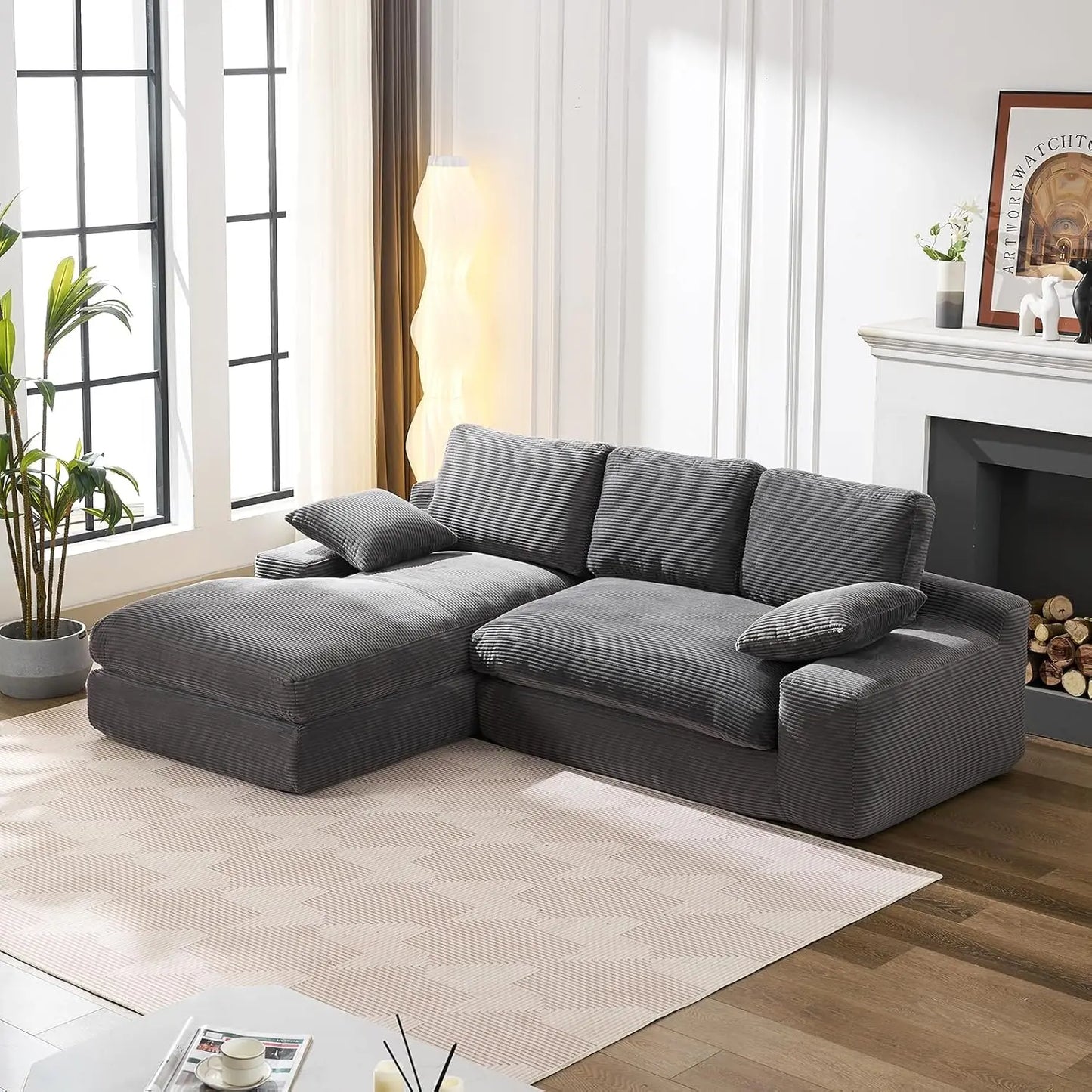 Modular Sectional Corduroy L-Shaped Sofa with Chaise