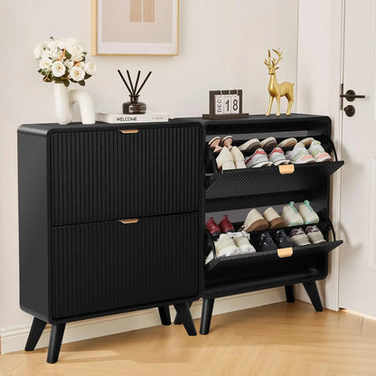 Fluted Narrow Shoe Cabinet 2 Flip Drawers