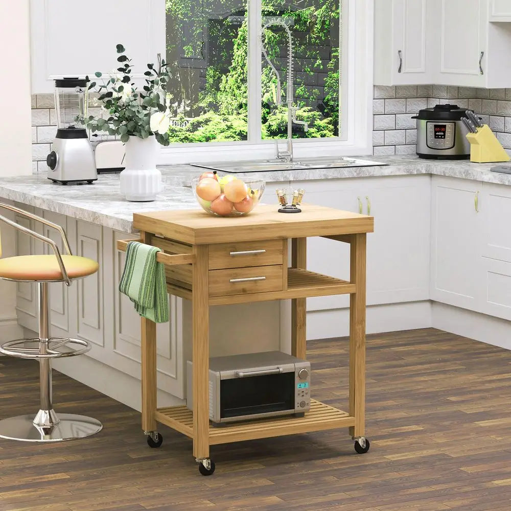 Bamboo Kitchen Island on Wheels with Drawers