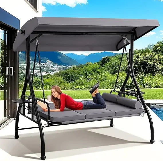 3-Seat Outdoor Porch Swing with Adjustable Canopy