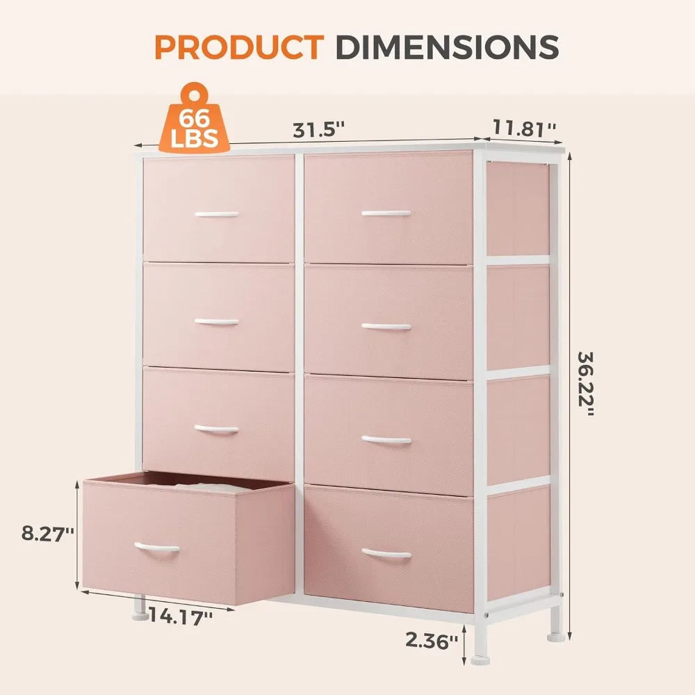 8-Drawer Steel Frame Pink Fabric Dresser