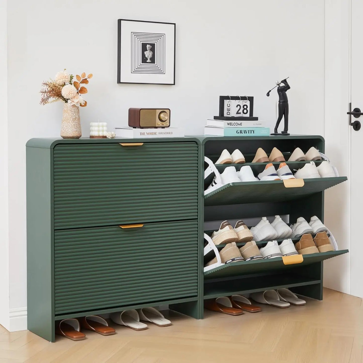 Fluted Narrow Shoe Cabinet 2 Flip Drawers