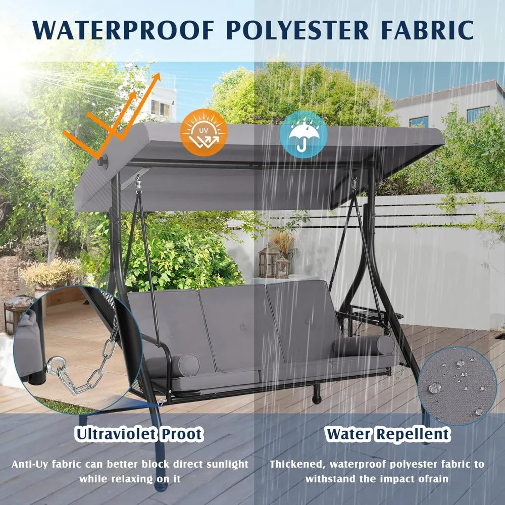 3-Seat Outdoor Porch Swing with Adjustable Canopy