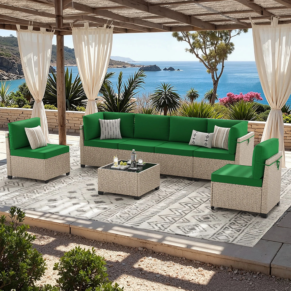 7-Piece Rattan Sectional Sofa with Glass Table