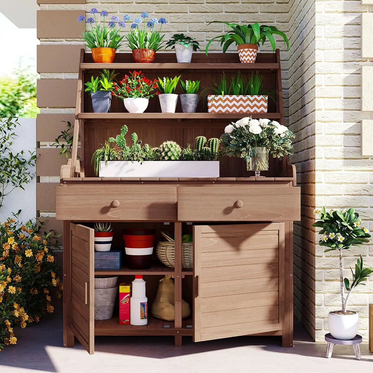 Solid Fir Wood Potting Bench with Hutch