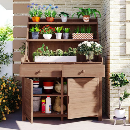 Solid Fir Wood Potting Bench with Hutch