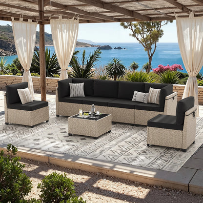 7-Piece Rattan Sectional Sofa with Glass Table
