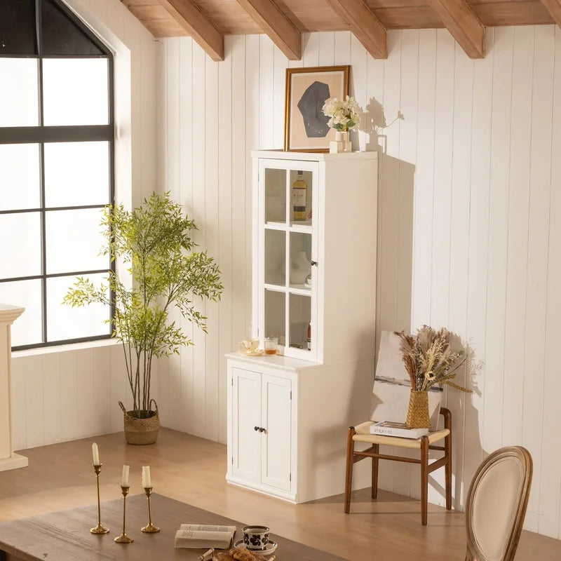White Farmhouse Pantry Cabinet with Glass Door