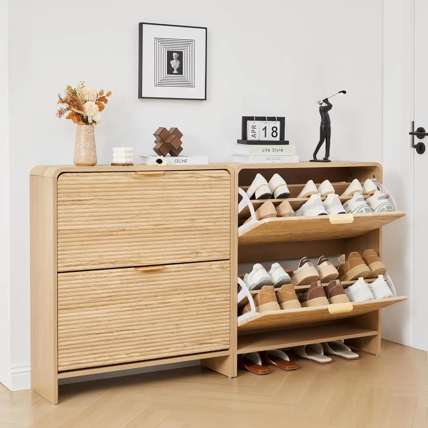 Fluted Narrow Shoe Cabinet 2 Flip Drawers