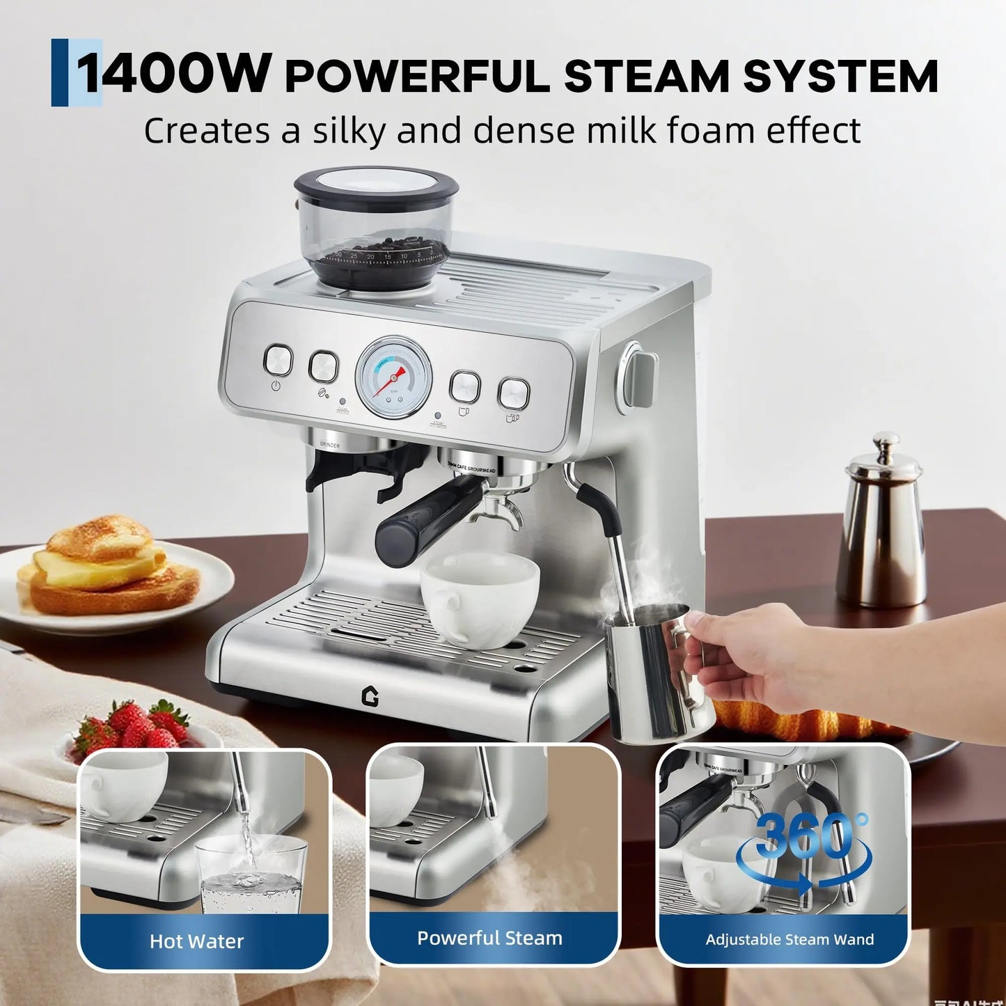 Stainless Steel Espresso Machine With Grinder