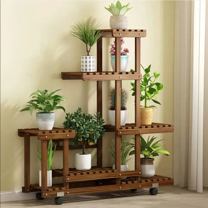 Multi-Layer Wood Plant Stand with Wheels