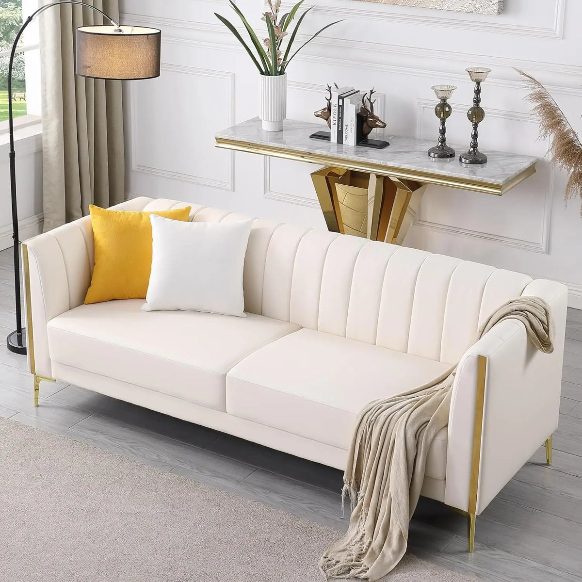 78'' Modern White Couch with 2 Throw Pillows