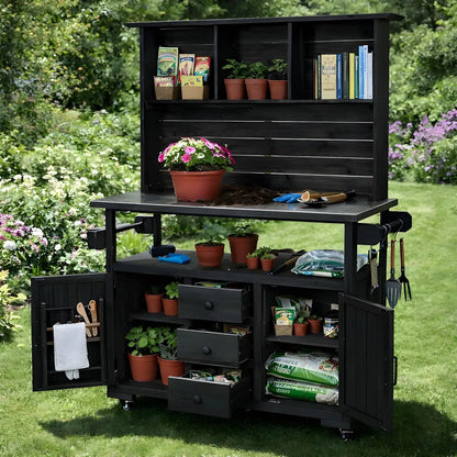 Solid Fir Wood Potting Bench with Hutch