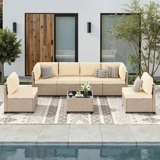 7-Piece Rattan Sectional Sofa with Glass Table