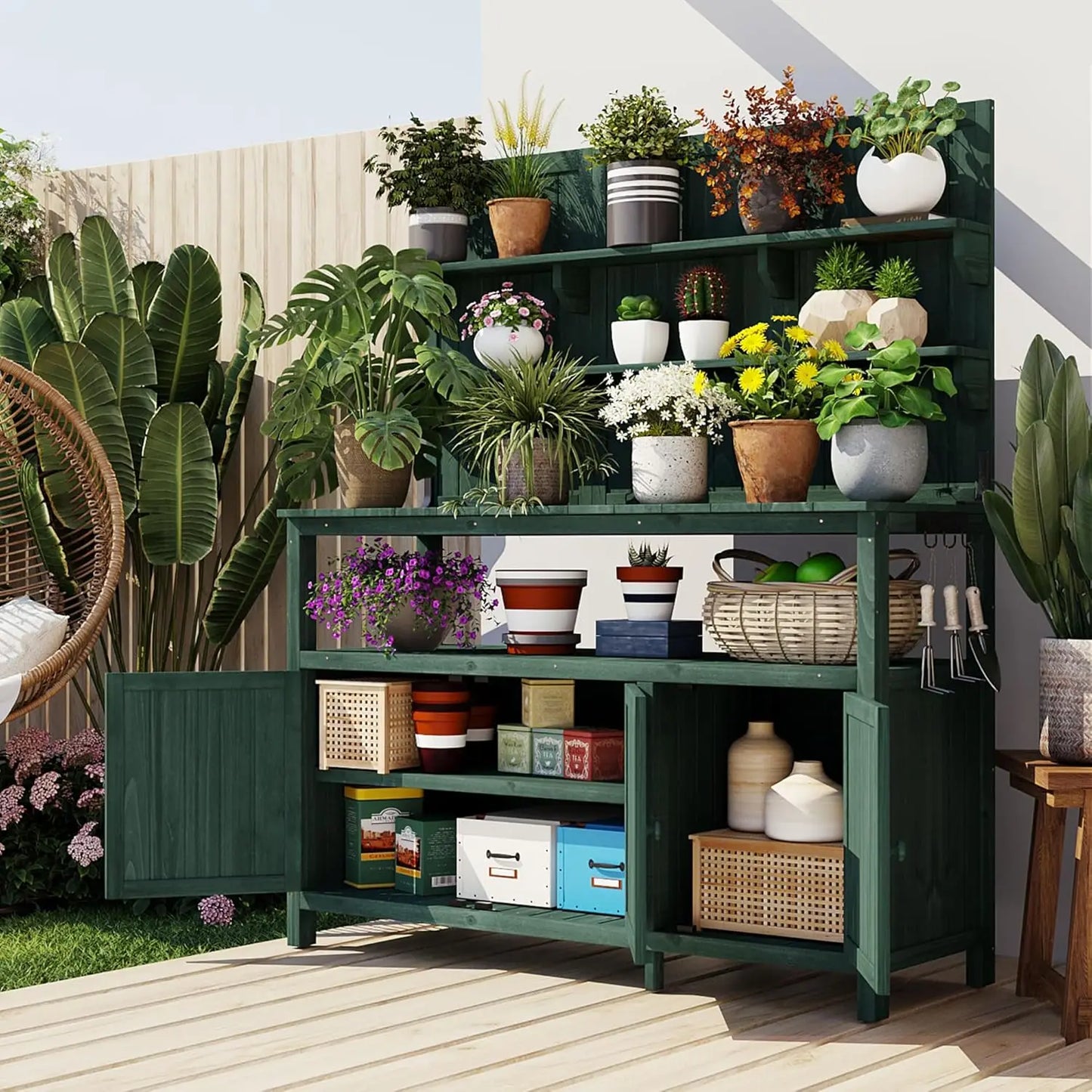 Solid Fir Wood Potting Bench with Hutch