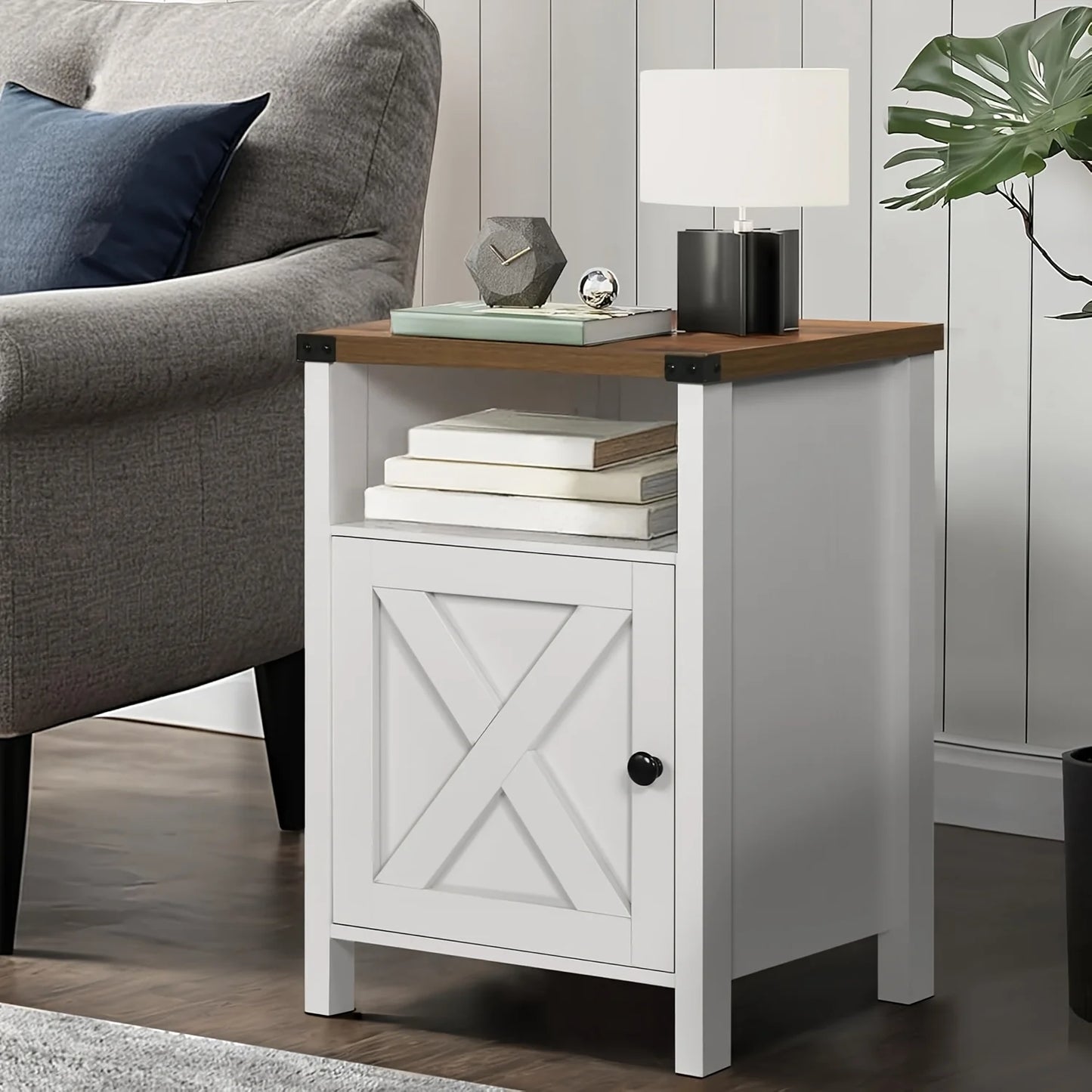 1pc Farmhouse Nightstand, End Table with Barn Door